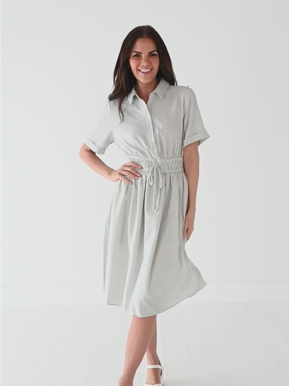 Light Gray Pinstripe Shirt Dress with Drawstring Waist